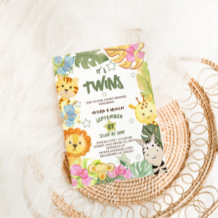 Tvillingar Boho Safari Djur Babyfirande Inbjudningar
