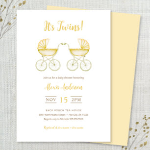Tvillingar med gula vagnar - Baby Shower Inbjudningar