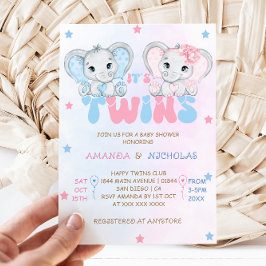 Tvillingar Pojke Flicka Elefanter Baby Shower Inbjudningar