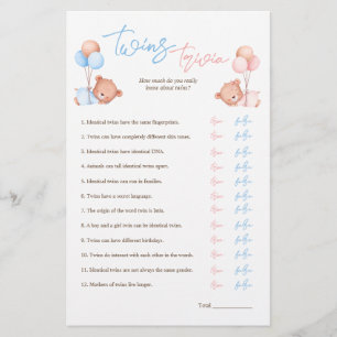 Tvillingar Pojke Flicka Trivia Baby Shower Game Flygblad