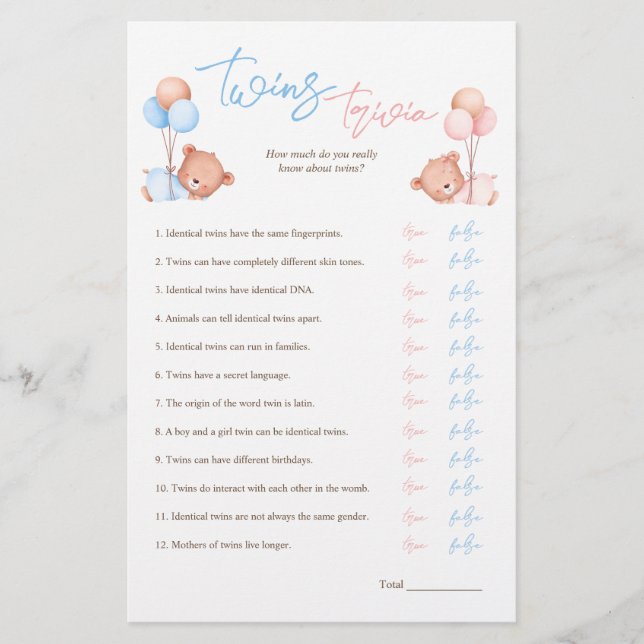 Tvillingar Pojke Flicka Trivia Baby Shower Game Flygblad (Framsidan)