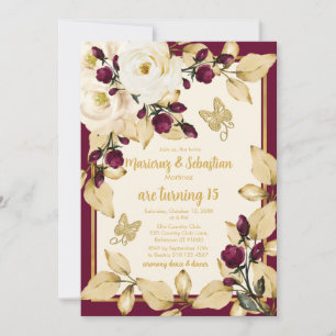 Tvillingar Quinceañera Champagne Burgundy Guld Ram Inbjudningar