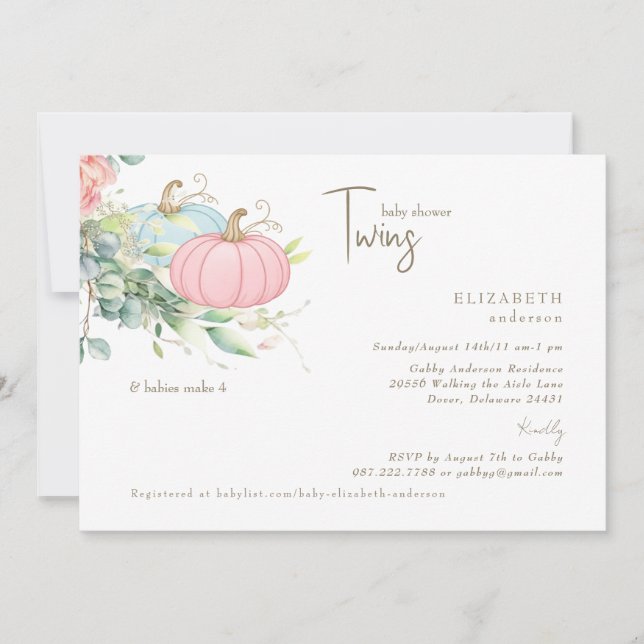 Tvillingar Rosa & Blå Små Pumpor Baby Shower Inbjudningar (Framsida)