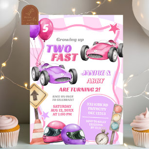 Tvillingar Rosa Racingbil Två Snabba Flickor 2-års Inbjudningar