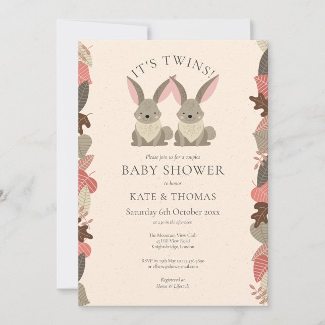 Tvillingar Skogs Djur Par Baby Shower Inbjudningar (Framsida)