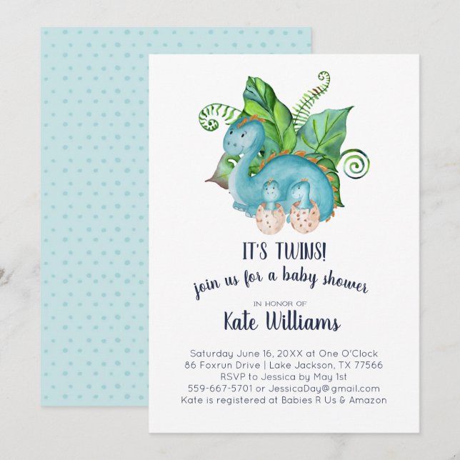 Tvillingar Små Dinosaurier Baby Shower Inbjudan (Fram/baksida)