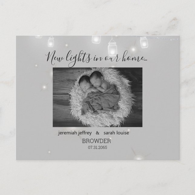 Tvillingar Svart och Vitt Foto Födelse Tillkännagi Meddelande Vykort (Framsida)