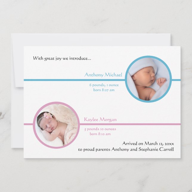 Tvillingar Två Foto Födelse Tillkännagivande Meddelande (Framsida)