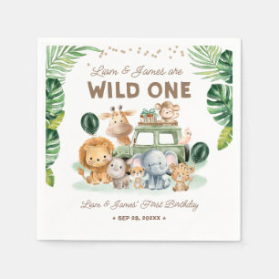 Tvillingar Wild One 1-årsdag Safari Djur Pappersservett