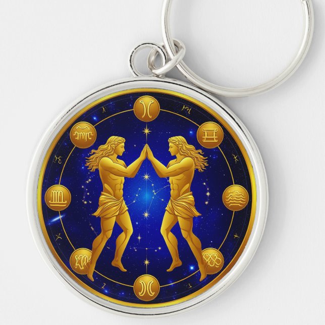 Tvillingarna Gemini i kosmisk cirkel Rund Silverfärgad Nyckelring (Framsidan)