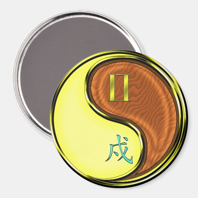 Tvillingarna & Trä Hund Magnet (Front/Back)