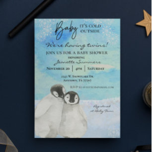 Tvillingarna Vinter Pingvin Baby Shower Kallt Utom Inbjudningar