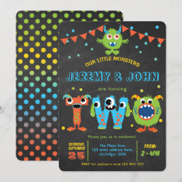 Tvillingarnas 2-årsdag mysiga lilla monsterfest inbjudningar