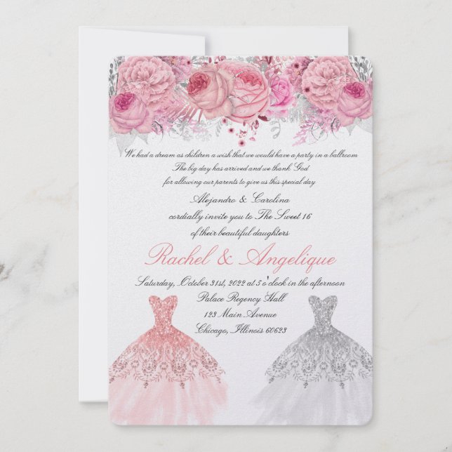 Tvillingarnas födelsedag Rosa och Guld Inbjudningar (Framsida)