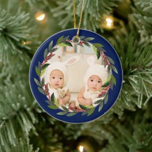 Tvillingarnas första jul akvarell krans foto blå julgransprydnad keramik