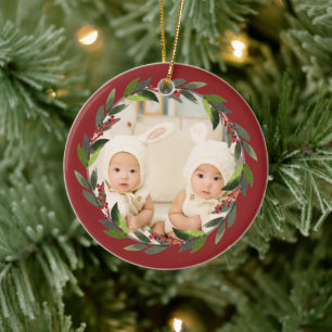 Tvillingarnas första jul akvarell krans foto röd julgransprydnad keramik