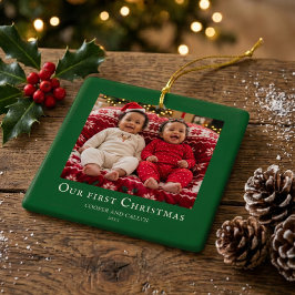 Tvillingarnas första jul babyfoto Grön Julgransprydnad Keramik