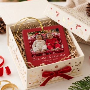 Tvillingarnas första jul babyfoto Röd Julgransprydnad Keramik