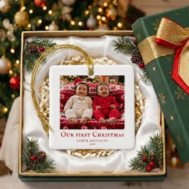 Tvillingarnas första jul babyfoto Röd och Vit Julgransprydnad Keramik