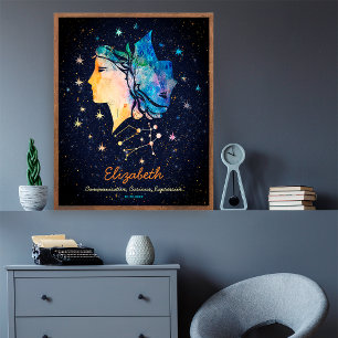 Tvillingarnas stjärnbild Zodiak Vattenfärg Stjärna Poster