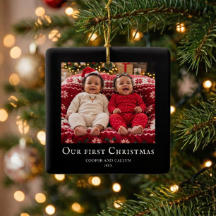 Tvillingars första jul babyfoto Svart Julgransprydnad Keramik
