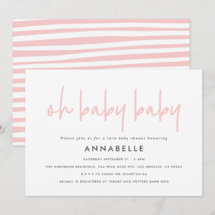 Tvillingbabydusch rosa giftigt modern typografi inbjudningar