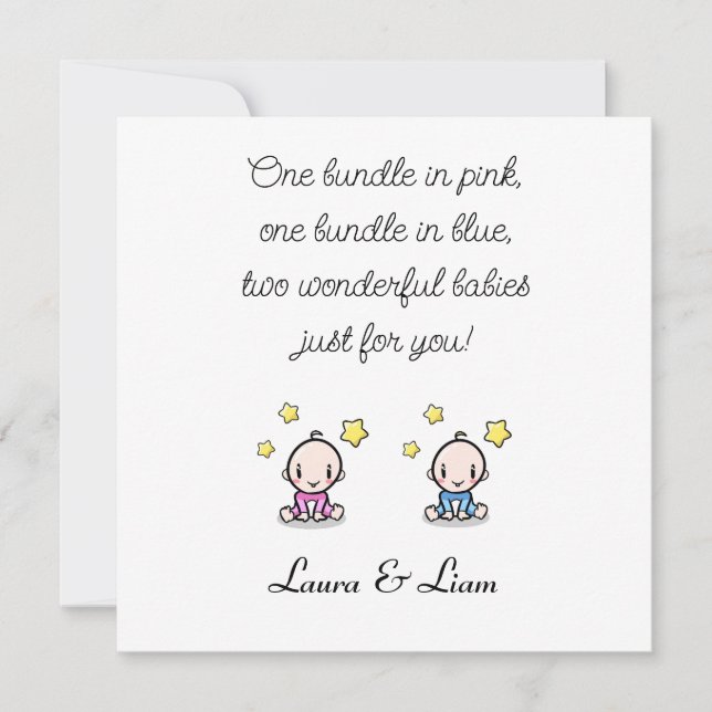Tvillingbabygratulationer med namn, flicka och poj kort (Framsida)