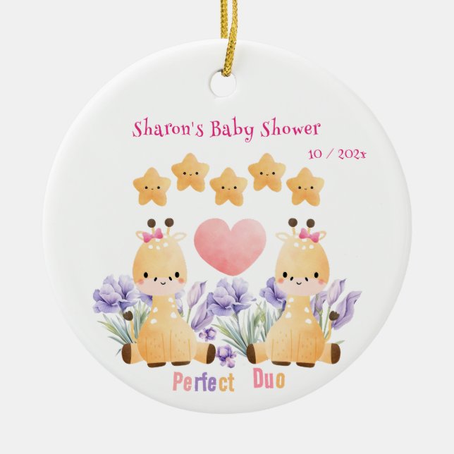 Tvillingbabyskor | Cute Giraffe Baby Shower Julgransprydnad Keramik (Framsidan)