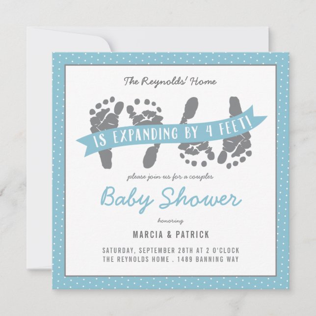 Tvillingbojor Par Shower Blue Polka dots Inbjudningar (Framsida)