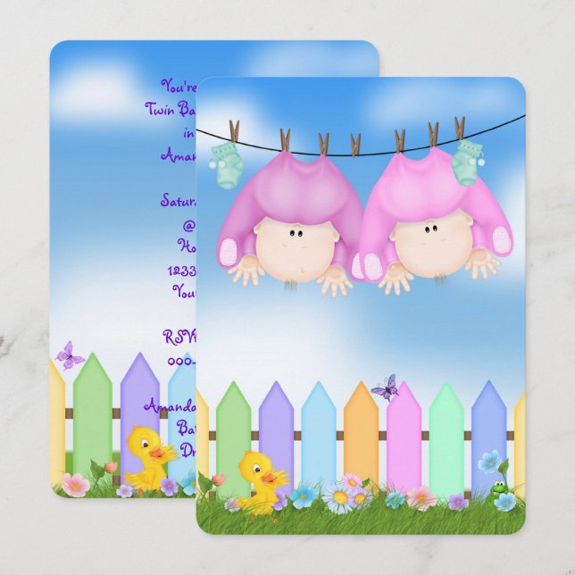 Tvillingdusch Flicka Inbjudningar (Fram/baksida)