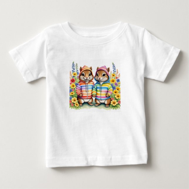 Tvillingekorrar i regnbåge t shirt (Framsida)
