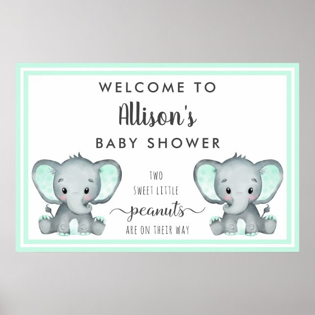 Tvillingelefanter Mint Baby Shower Välkommen Poster (Framsidan)