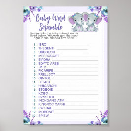 Tvillingelfanter Ord Scramble Baby Shower-spel Poster