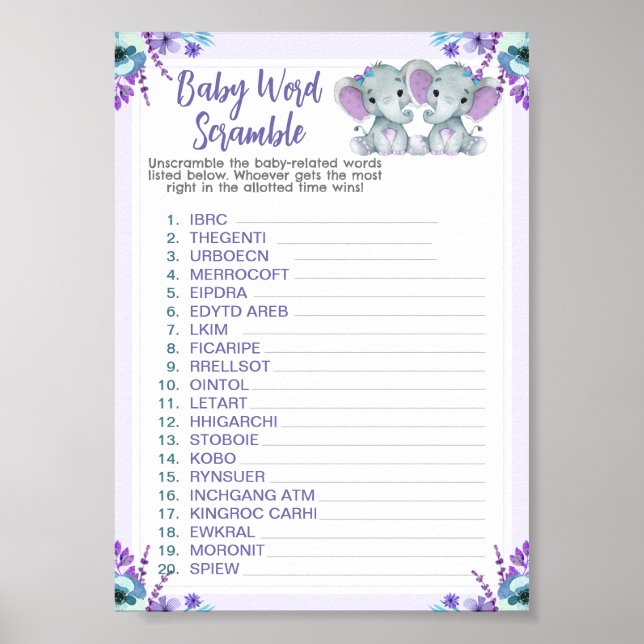Tvillingelfanter Ord Scramble Baby Shower-spel Poster (Framsidan)
