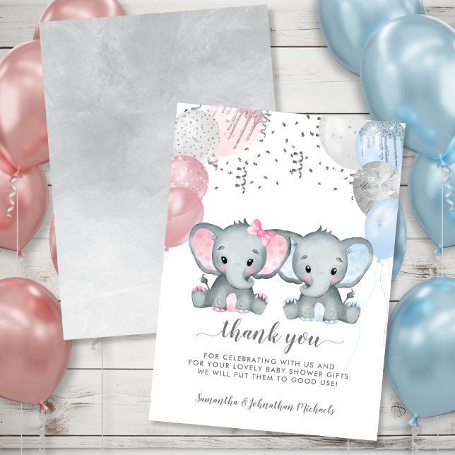 Tvillingelfenbensbubblor för vattenfärgsbabyskor tack kort (Twin Elephant Balloons Watercolor Baby Shower Thank You Card)