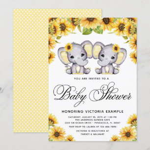 Tvillingflicka Elefant Solros Baby Shower Inbjudningar