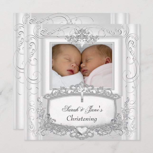 Tvillingflicka eller pojke dopning dop vit inbjudningar (Fram/baksida)