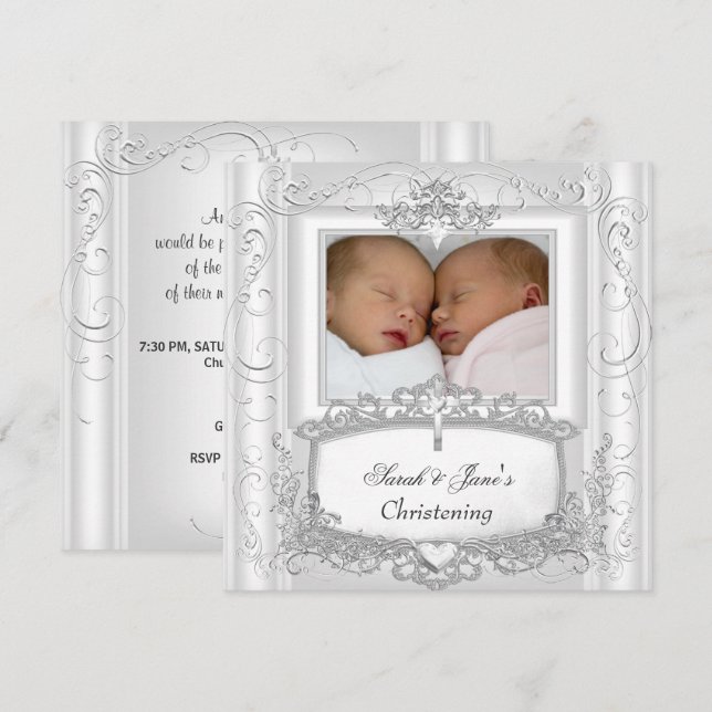 Tvillingflicka eller pojke dopning Dopning Vit Inbjudningar (Fram/baksida)