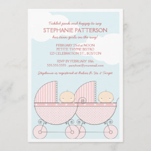 Tvillingflicka Rosa vagn Glad Bebis Baby Shower Inbjudningar