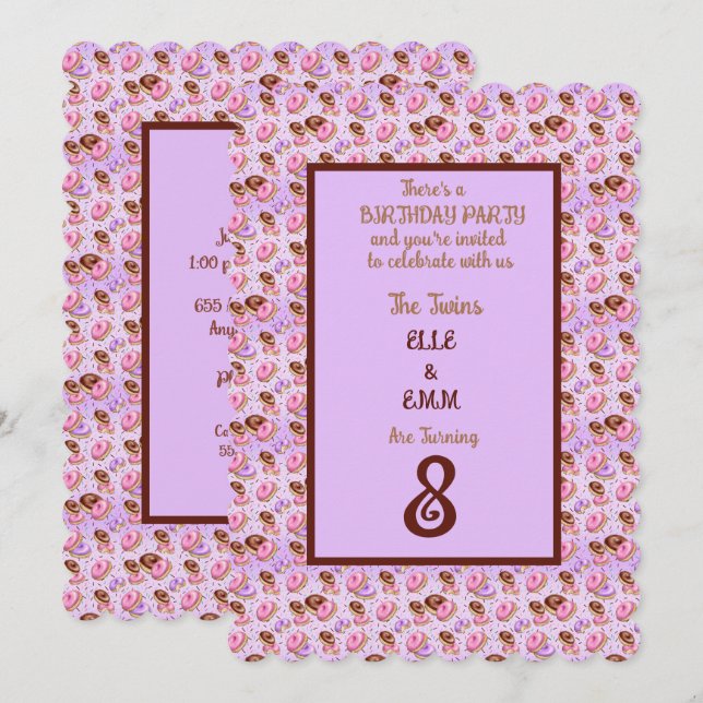 Tvillingflickor 8:e Födelsedagsfesten Inbjudningar (Fram/baksida)