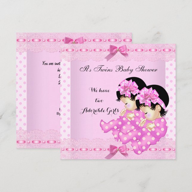 Tvillingflickor Baby Shower Rosa Prickar Inbjudningar (Fram/baksida)