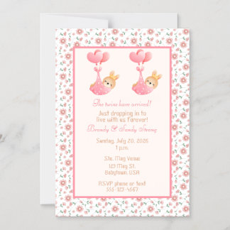 Tvillingflickor Baby Shower Rosa Stork Tema Magnetisk Inbjudningskort