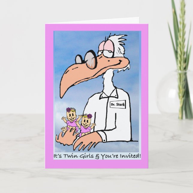 Tvillingflickor Bebis Shower Inbjudan, Dr. Stork Inbjudan (Framsida)