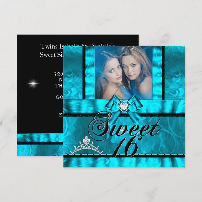 Tvillingflickor Blå Teal Sweet sixteen 16 Inbjudningar (Fram/baksida)