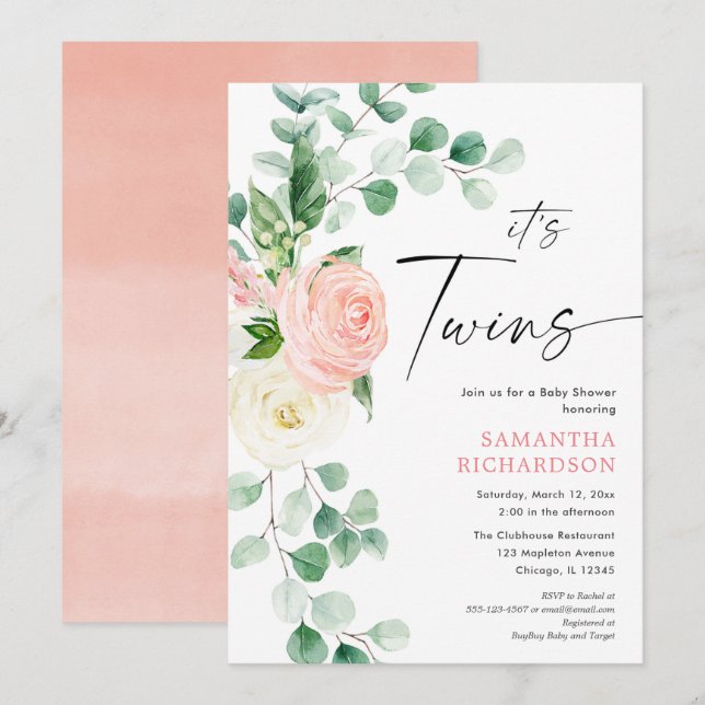 Tvillingflickor blommigt vår gienery babydusch inbjudningar (Fram/baksida)