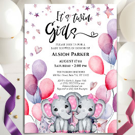 Tvillingflickor Elefant Rosa Ballonger Söta Bebis- Inbjudningar