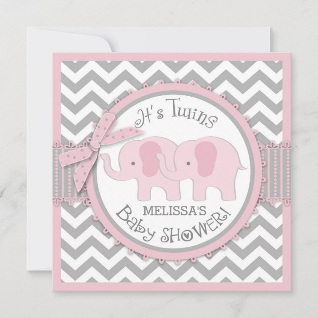 Tvillingflickor Elephants Chevron Skriv ut babysko Inbjudningar (Framsida)