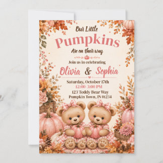 Tvillingflickor Fall Pumpkin Baby Shower Inbjudan