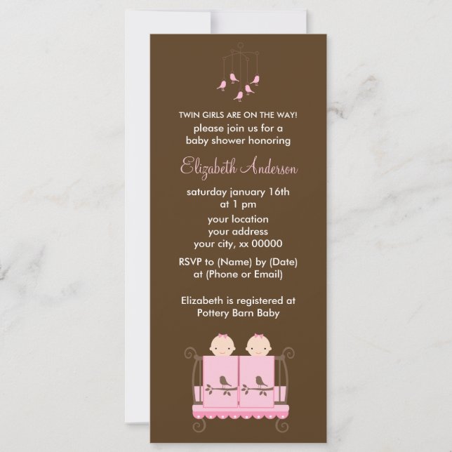 Tvillingflickor i Rosa Crib Baby Shower Inbjudningar (Framsida)