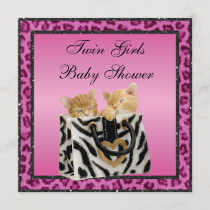 Tvillingflickor Kittens Rosa Leopard Skriv ut baby Inbjudningar